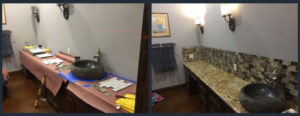 Bathroom renovation progress with materials displayed.