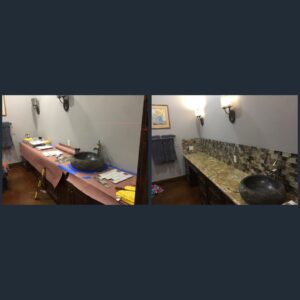 Bathroom renovation before and after comparison.