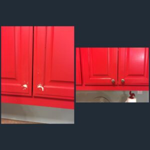 Red kitchen cabinets with visible damage.
