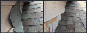 Roof shingles and flashing installation details.