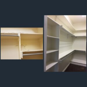 Empty closet with shelves and storage space.