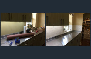 Kitchen countertop before and after renovation.