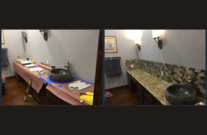 Bathroom renovation with stone sink and countertop.